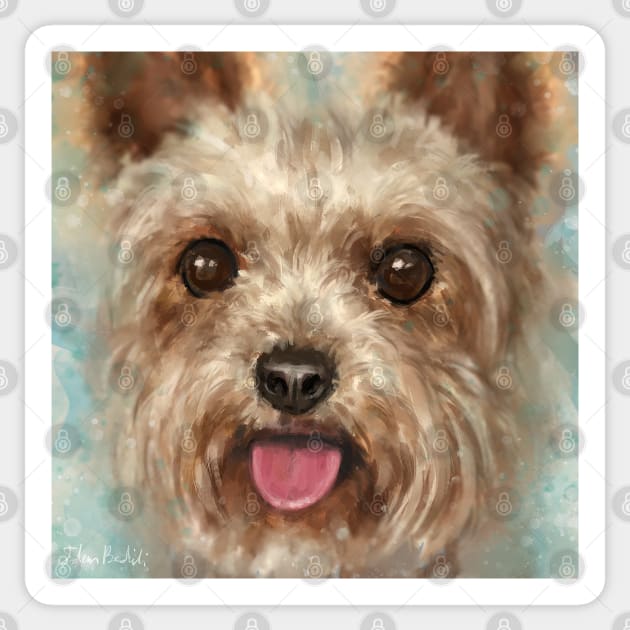 Painting of a Furry Yorkshire Terrier with Its Tongue Out on Cloudy Background Sticker by ibadishi